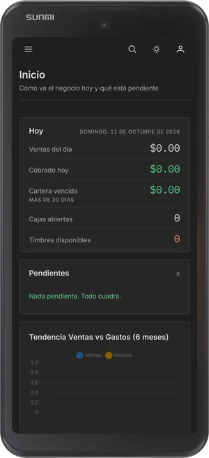 Celular con el panel de inicio de Minerva Cloud en modo oscuro